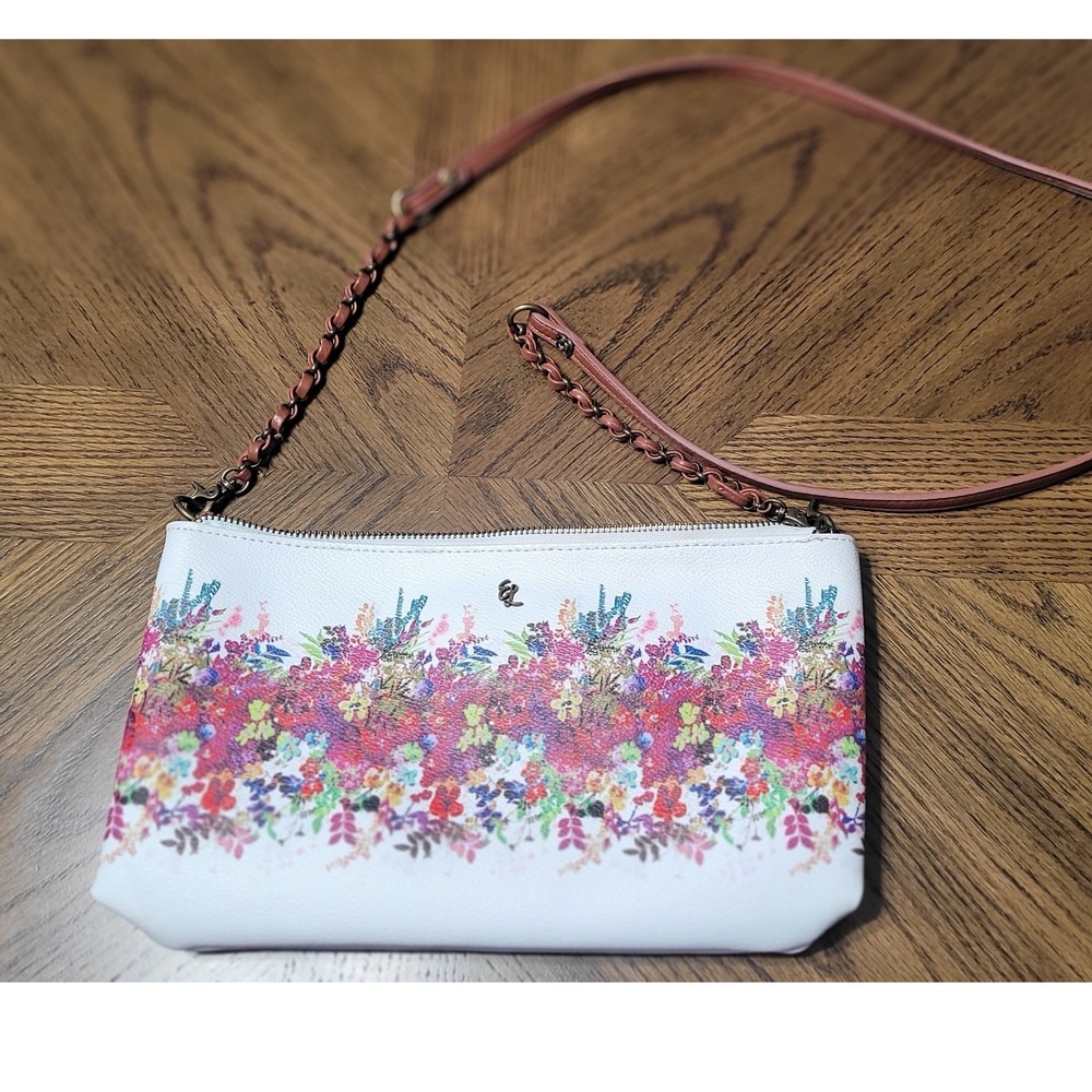 Elliott Lucca White Floral Faux Leather Crossbody Bag Antique Brass Chain Strap